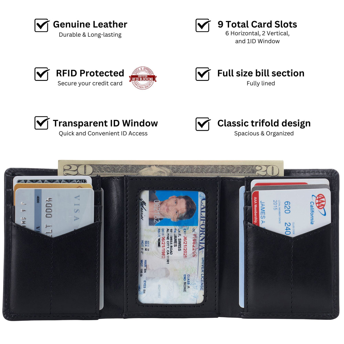 Alpine Swiss Men's Leon RFID Trifold Pocket Wallet – Glossy Nappa Black