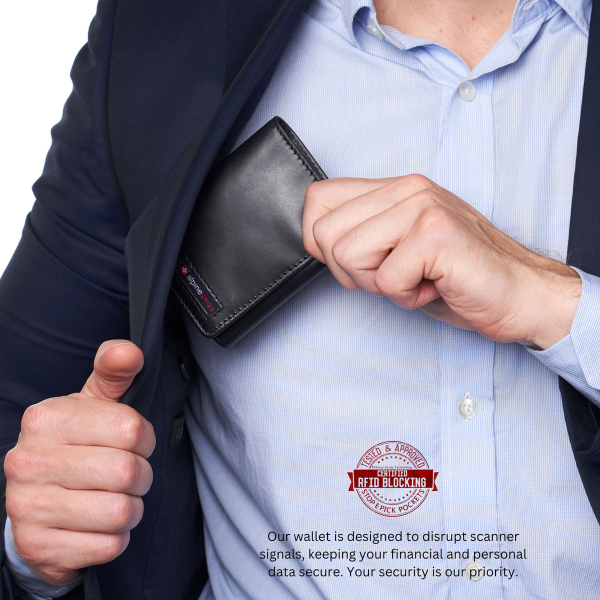 Alpine Swiss Men's Leon RFID Trifold Pocket Wallet – Glossy Nappa Black