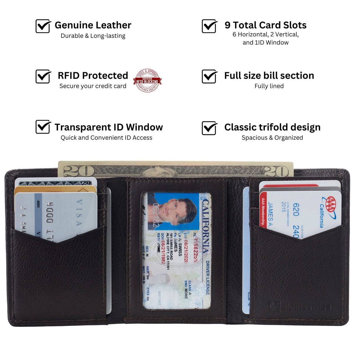 Alpine Swiss Men's Leon RFID Trifold Pocket Wallet – Brown