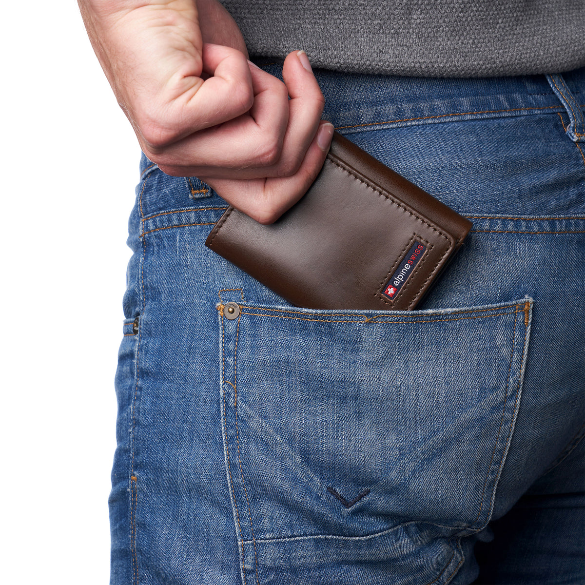 Alpine Swiss Men's Leon RFID Trifold Pocket Wallet – Glossy Nappa Brown