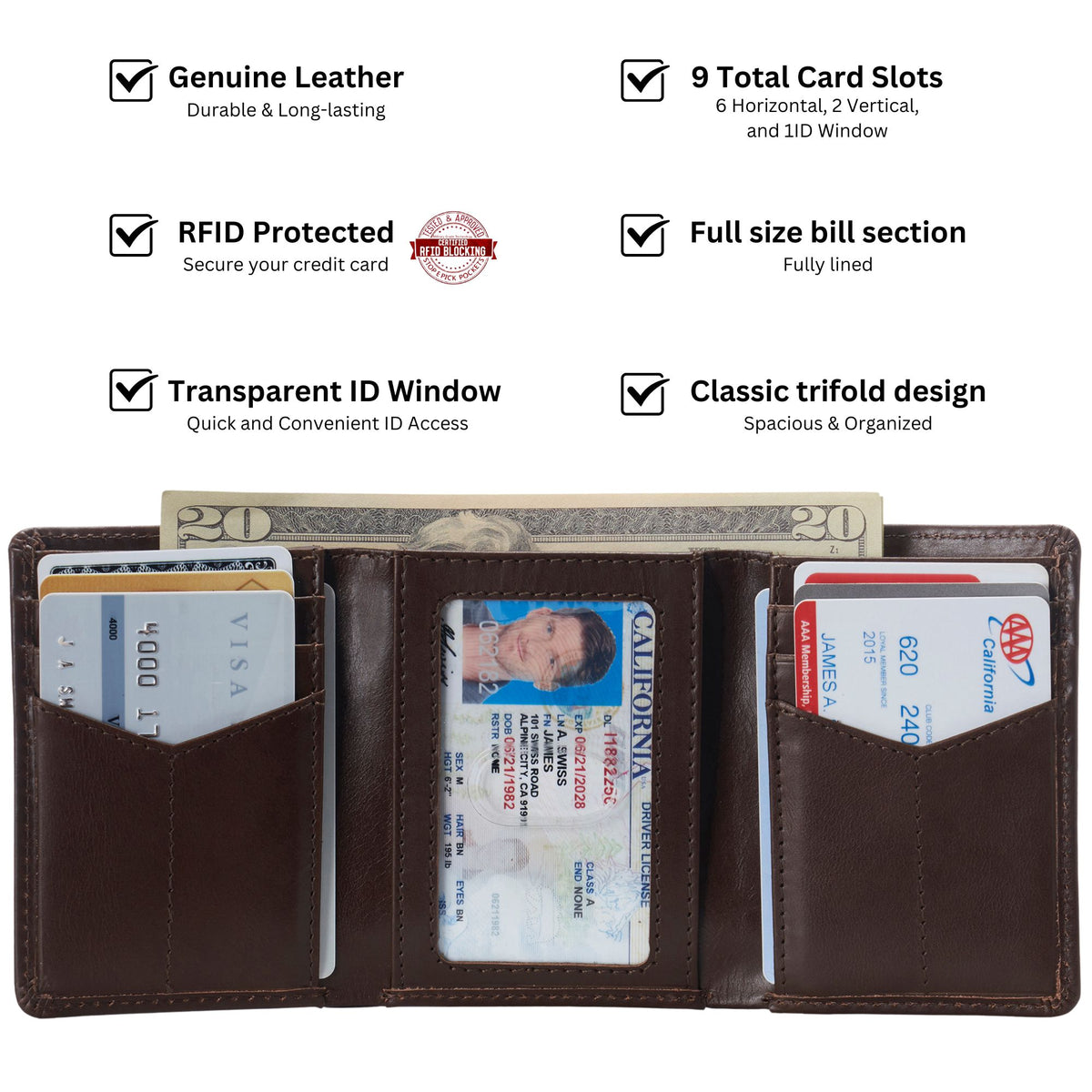 Alpine Swiss Men's Leon RFID Trifold Pocket Wallet – Glossy Nappa Brown