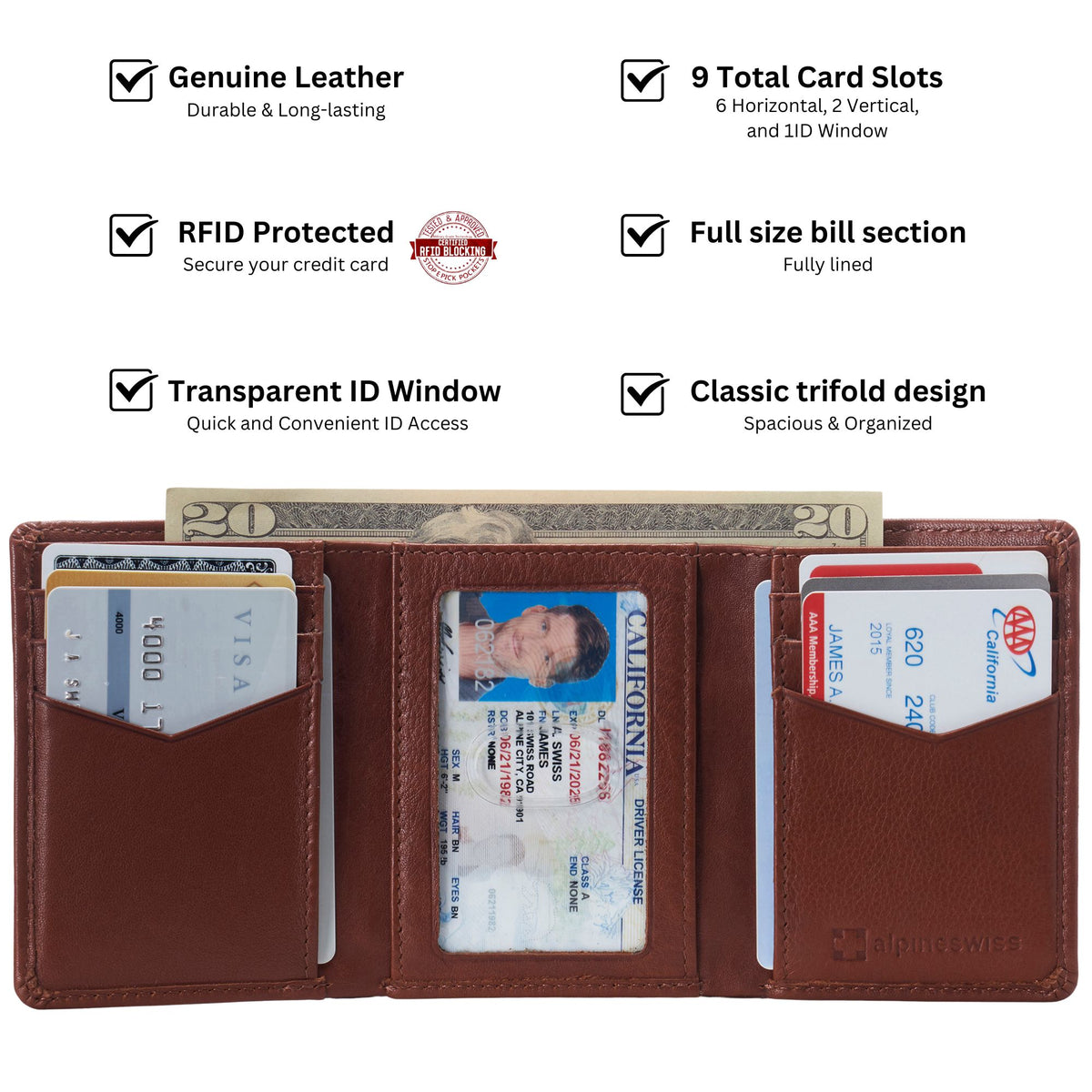 Alpine Swiss Men's Leon RFID Trifold Pocket Wallet – Tan