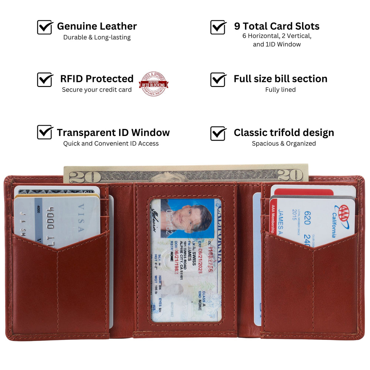 Alpine Swiss Men's Leon RFID Trifold Pocket Wallet – Glossy Nappa Tan