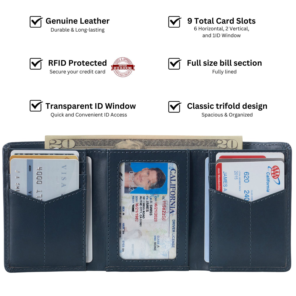Alpine Swiss Men's Leon RFID Trifold Pocket Wallet – Glossy Nappa Teal