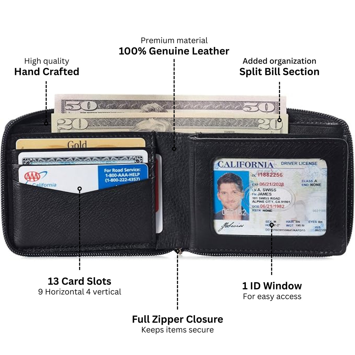 Alpine Swiss Logan Zipper Bifold Wallet – Black