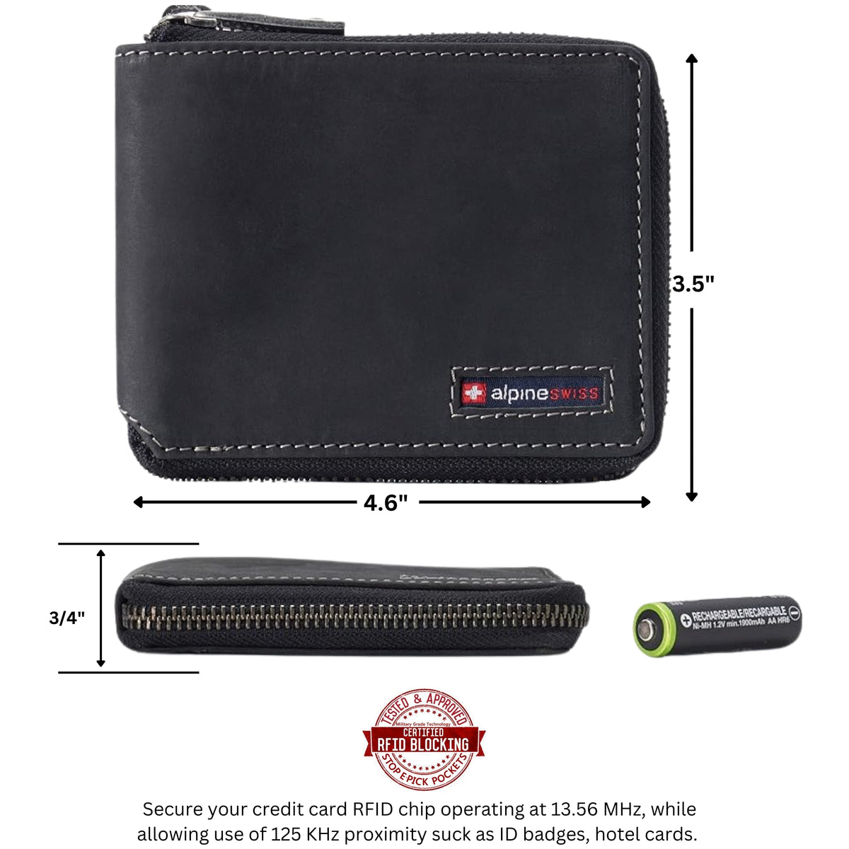 Alpine Swiss Logan Zipper Bifold Wallet – Nubuck Black