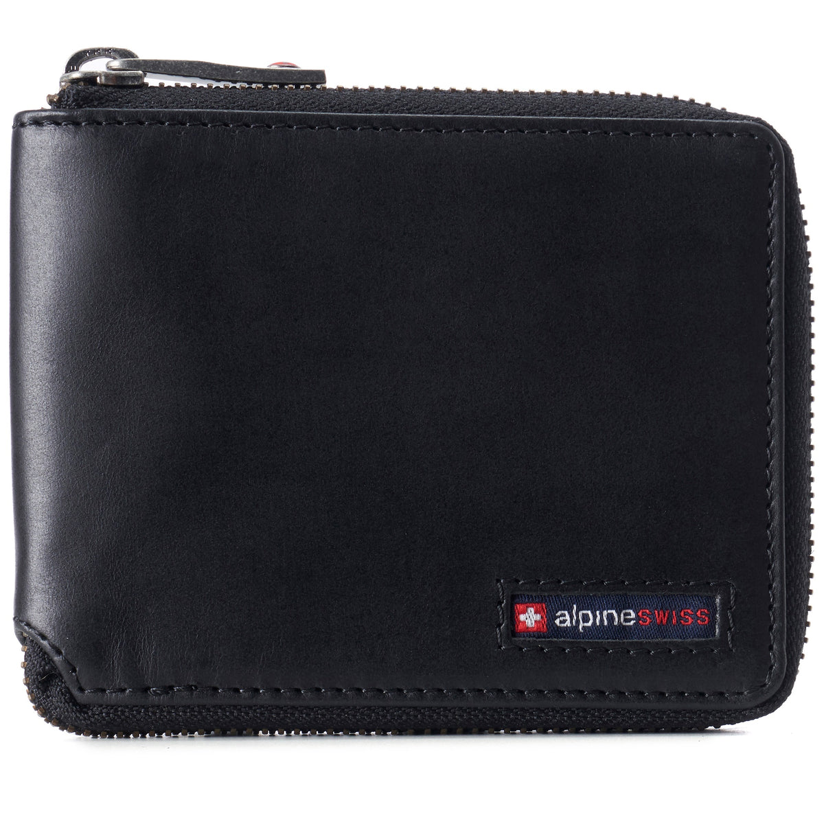 Alpine Swiss Logan Zipper Bifold Wallet – Glossy Nappa Black