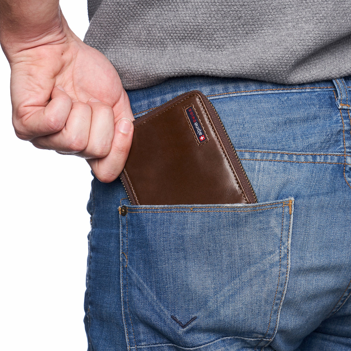 Alpine Swiss Logan Zipper Bifold Wallet – Glossy Nappa Brown