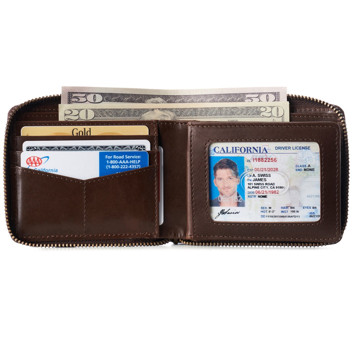 Alpine Swiss Logan Zipper Bifold Wallet – Glossy Nappa Brown