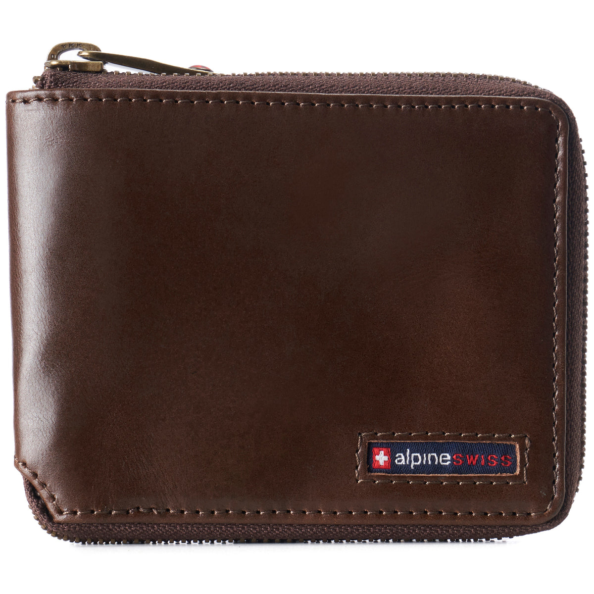 Alpine Swiss Logan Zipper Bifold Wallet – Glossy Nappa Brown