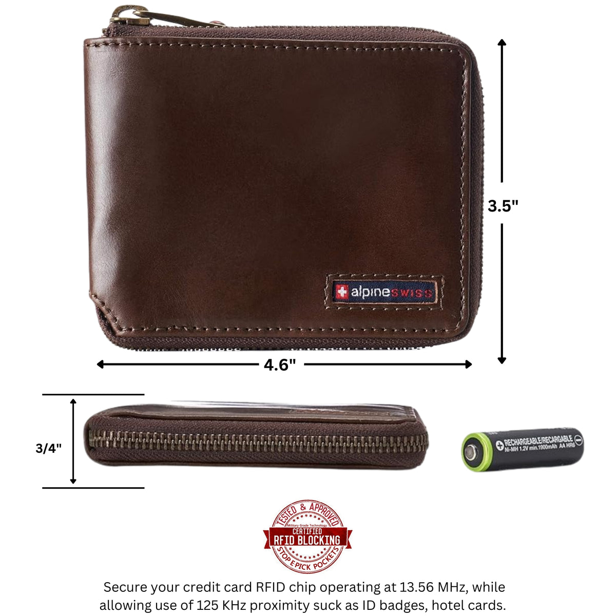 Alpine Swiss Logan Zipper Bifold Wallet – Glossy Nappa Brown
