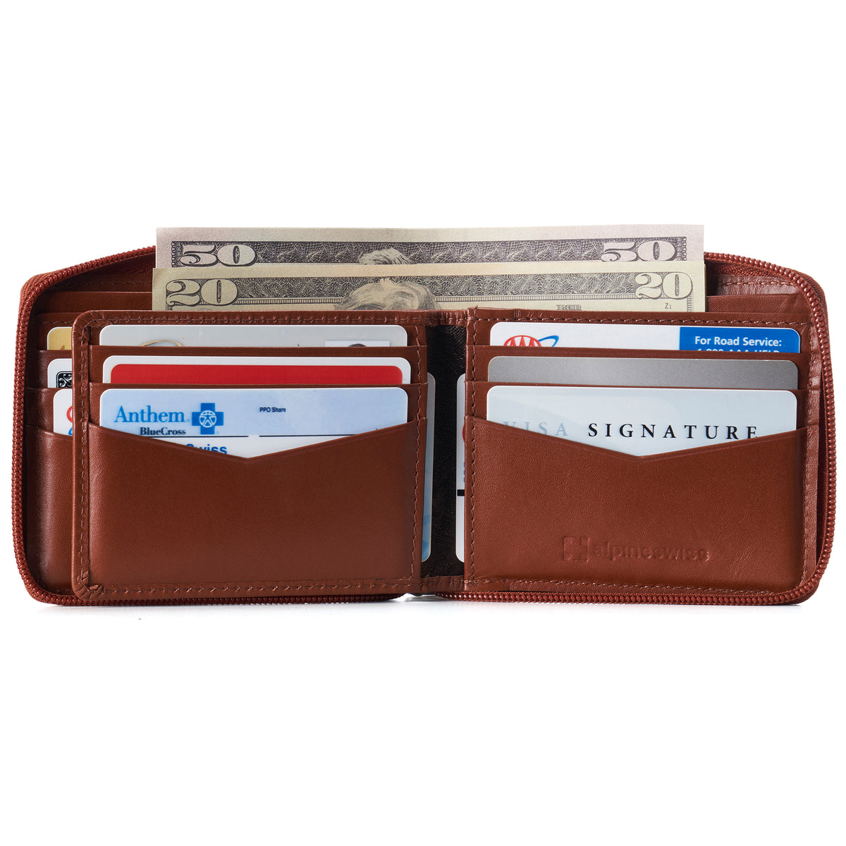 Alpine Swiss Logan Zipper Bifold Wallet – Smooth Finish Tan
