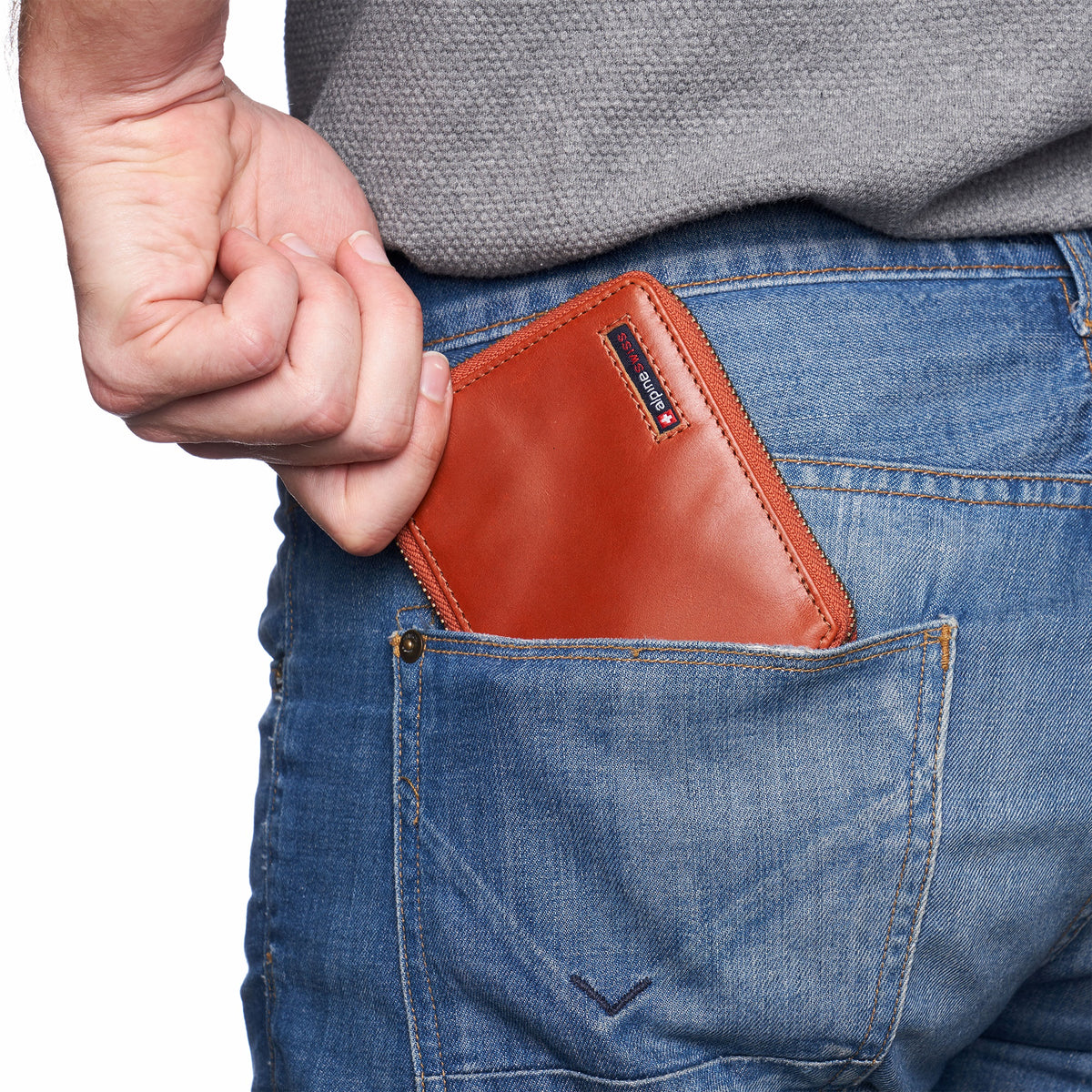 Alpine Swiss Logan Zipper Bifold Wallet – Glossy Nappa Tan