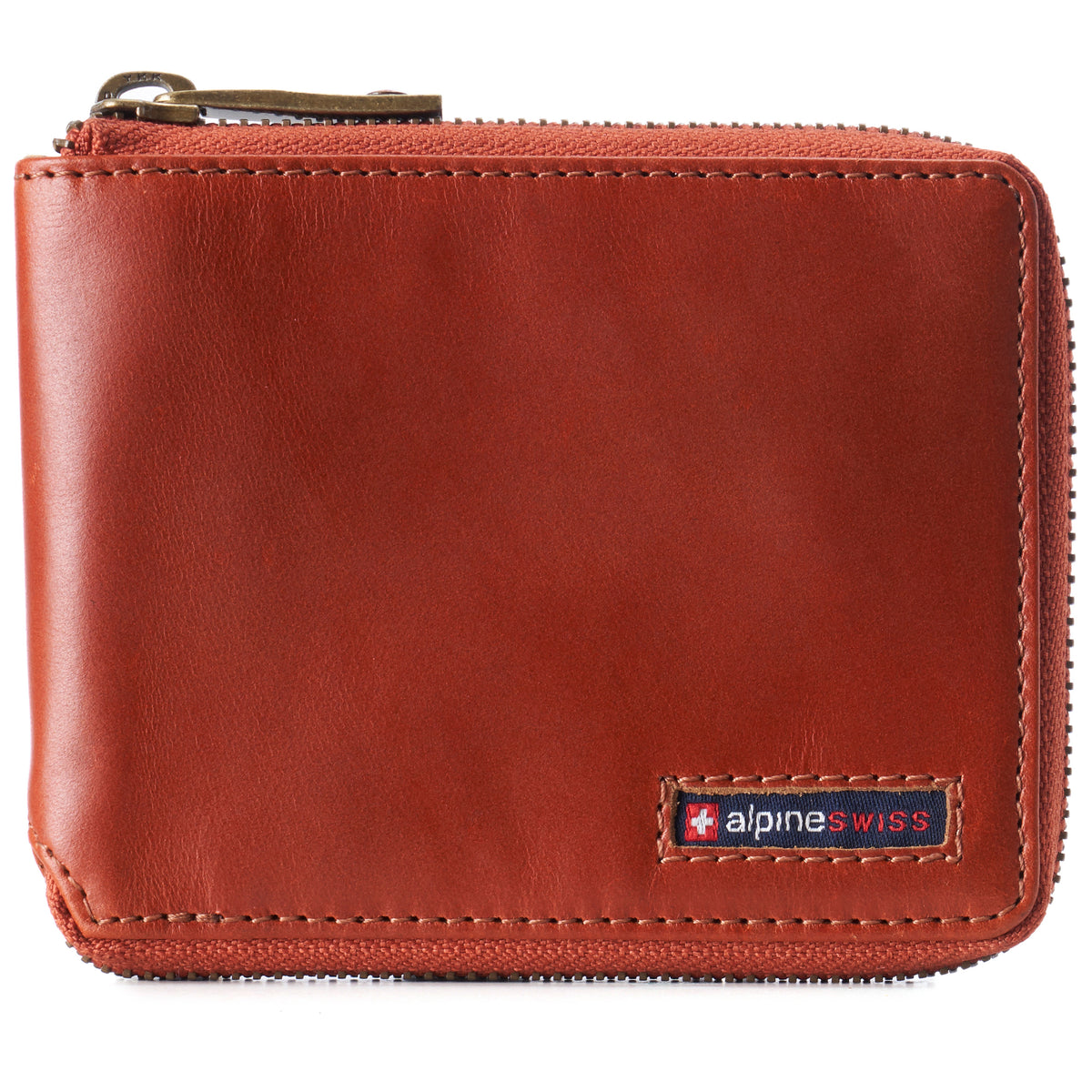 Alpine Swiss Logan Zipper Bifold Wallet – Glossy Nappa Tan
