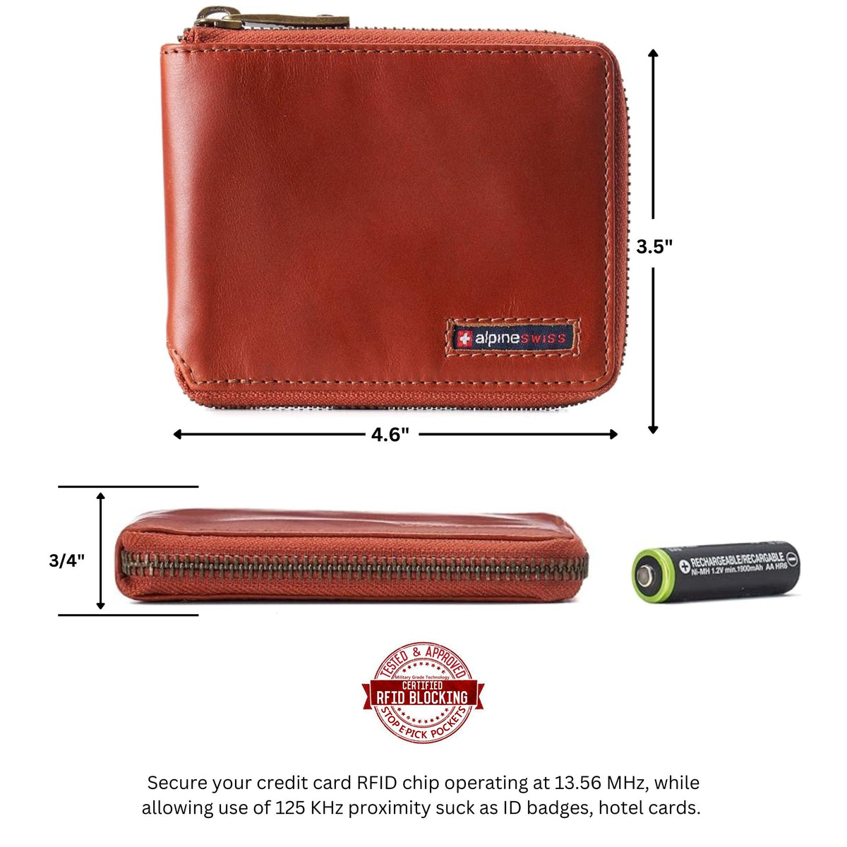 Alpine Swiss Logan Zipper Bifold Wallet – Glossy Nappa Tan