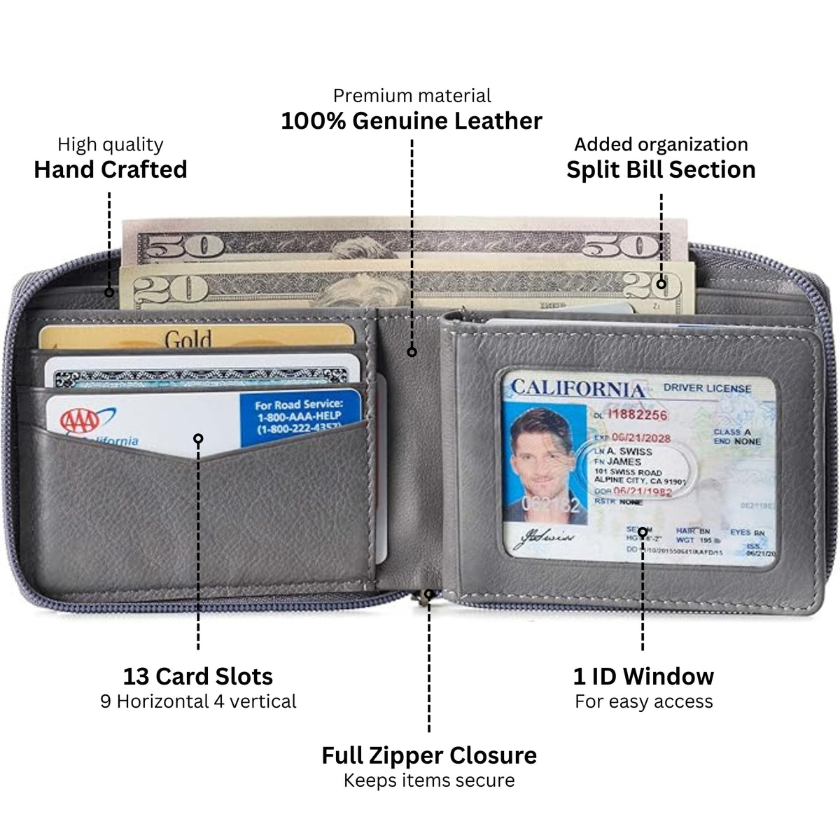 Alpine Swiss Logan Zipper Bifold Wallet – Nubuck Gray