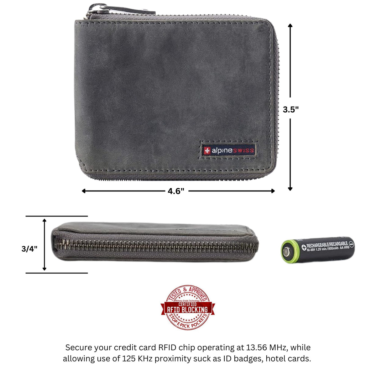 Alpine Swiss Logan Zipper Bifold Wallet – Nubuck Gray