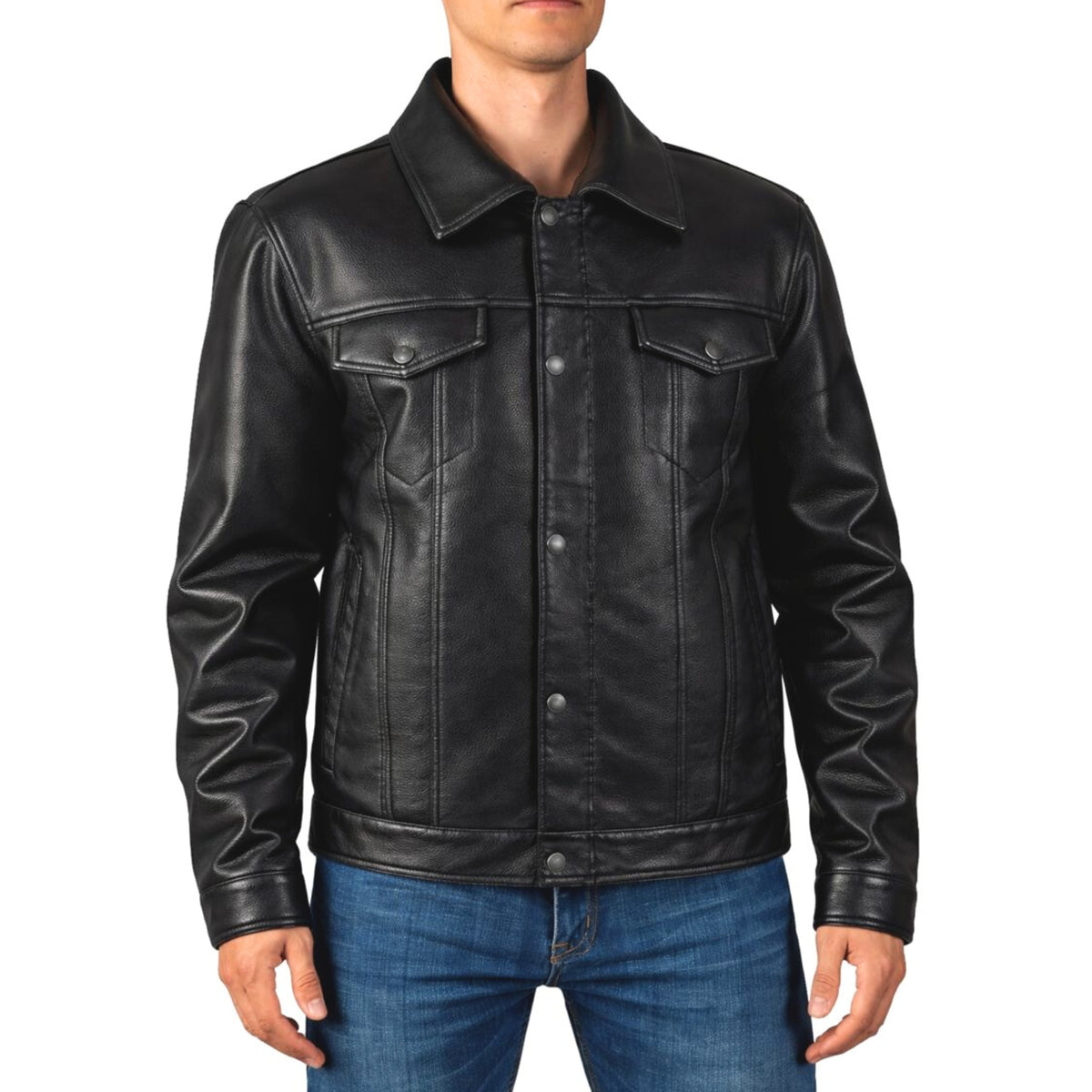 Alpine Swiss Aaron Mens Trucker Jacket – Faux Leather Black