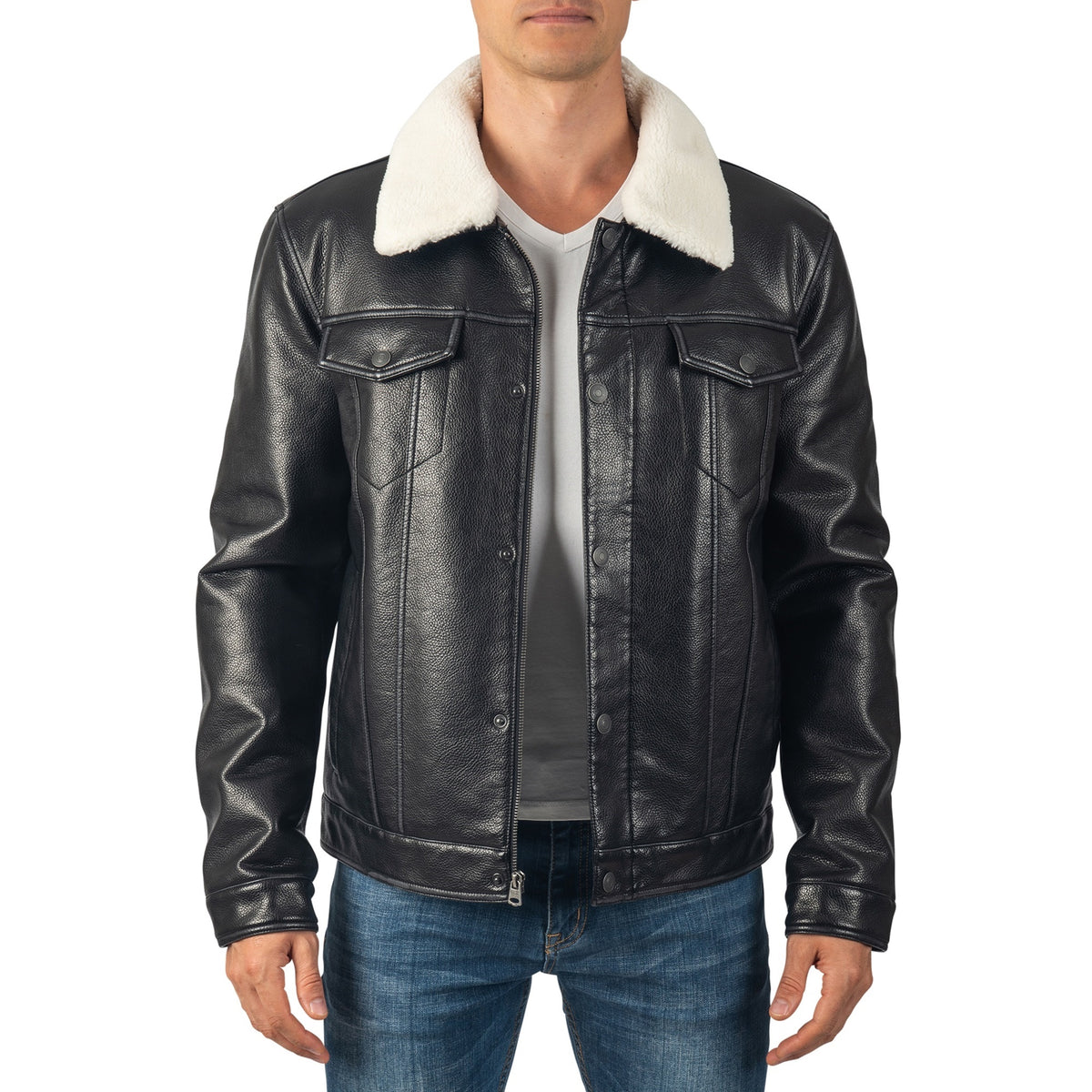 Alpine Swiss Aaron Mens Trucker Jacket – Faux Leather Black