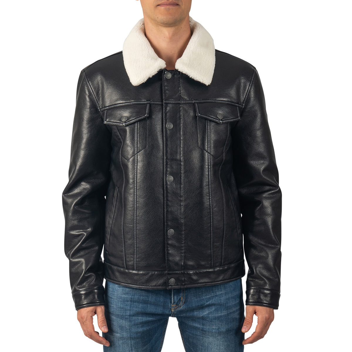 Alpine Swiss Aaron Mens Trucker Jacket – Faux Leather Black
