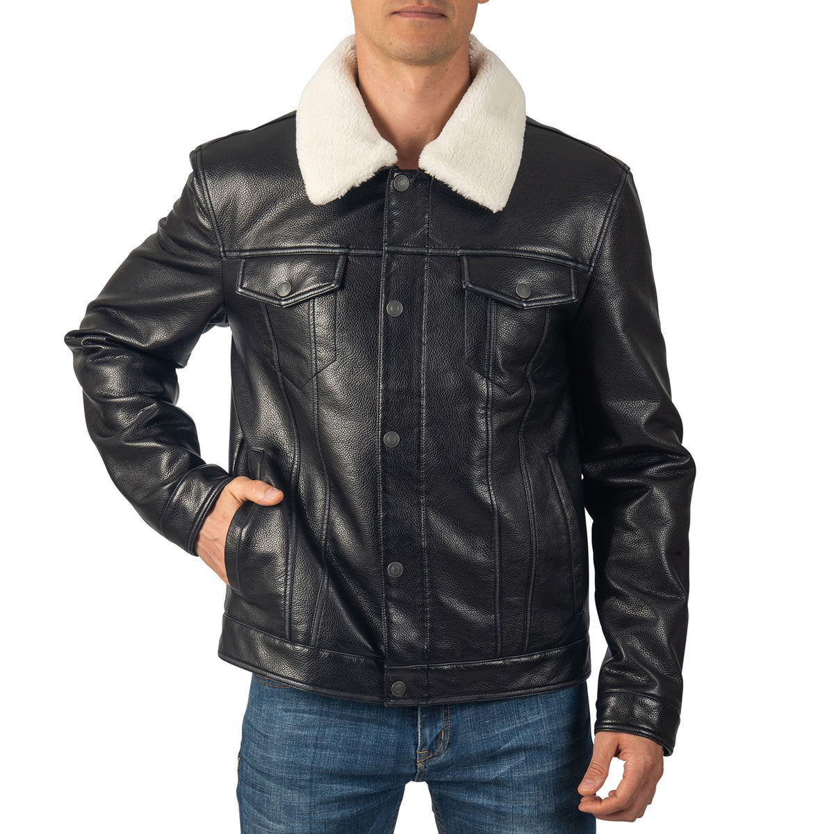 Alpine Swiss Aaron Mens Trucker Jacket – Faux Leather Black
