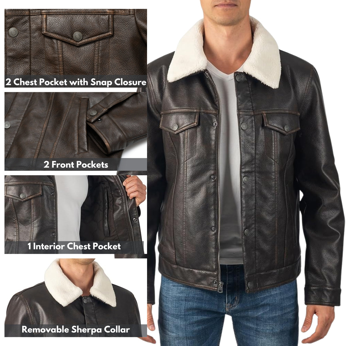 Alpine Swiss Aaron Mens Trucker Jacket – Faux Leather Brown