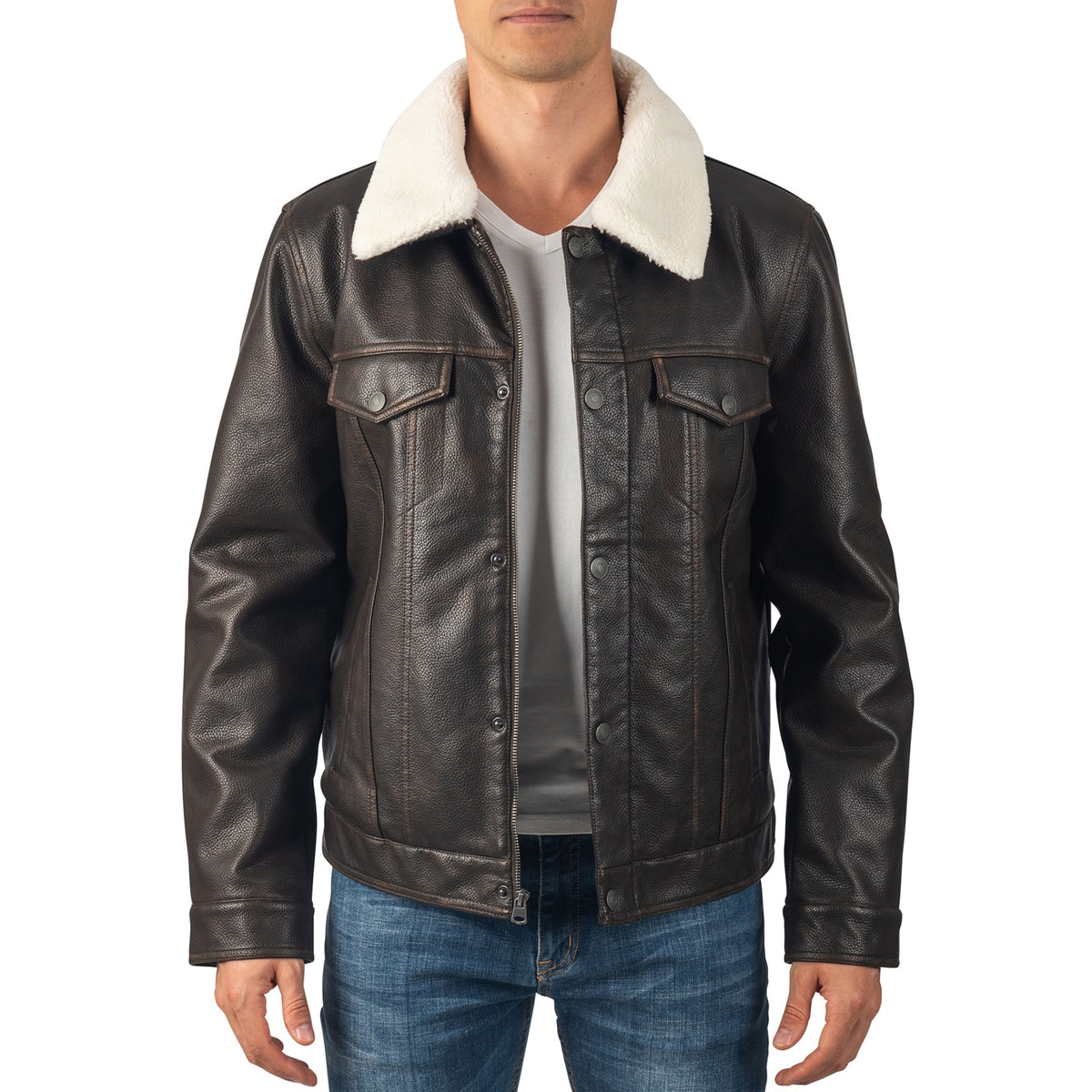 Alpine Swiss Aaron Mens Trucker Jacket – Faux Leather Brown