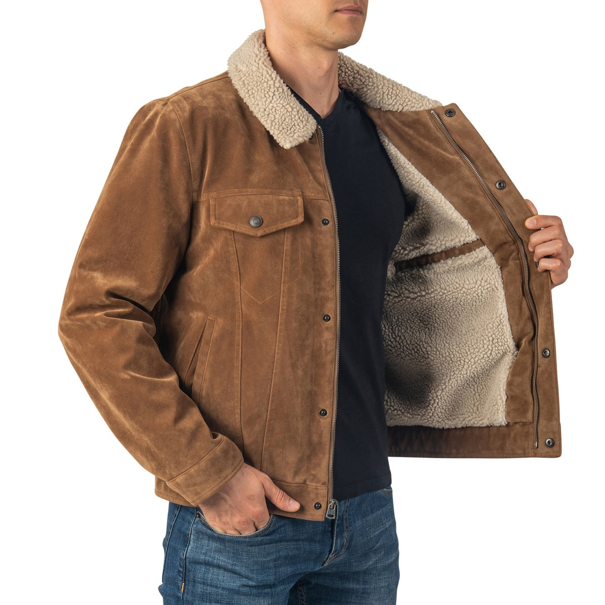 Alpine Swiss Aaron Mens Trucker Jacket – Faux Suede Tan