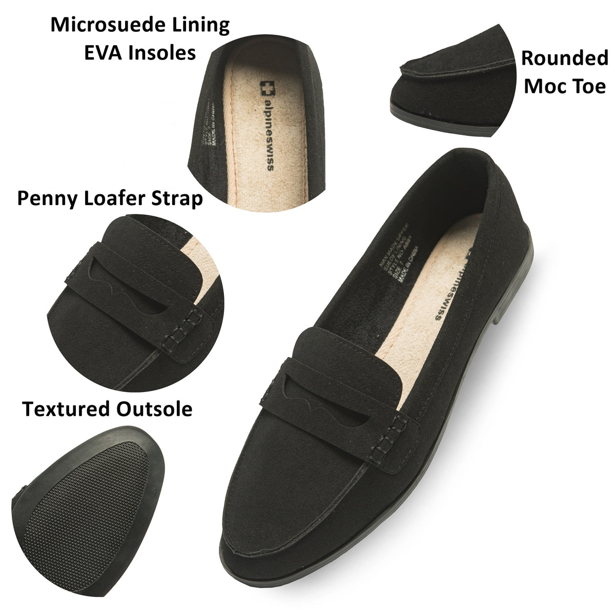 Alpine Swiss Abby Womens Penny Loafers Slip On Flats Comfortable Office Shoes – Black