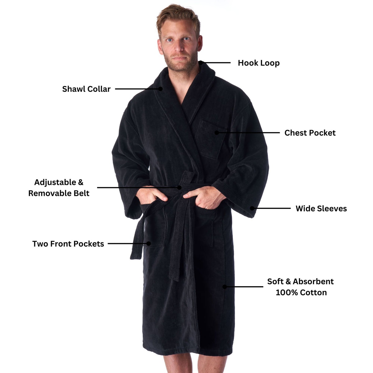 Alpine Swiss Pure Cotton Men Terry Cloth Bathrobe Super Absorbent Hotel Spa Robe – Black