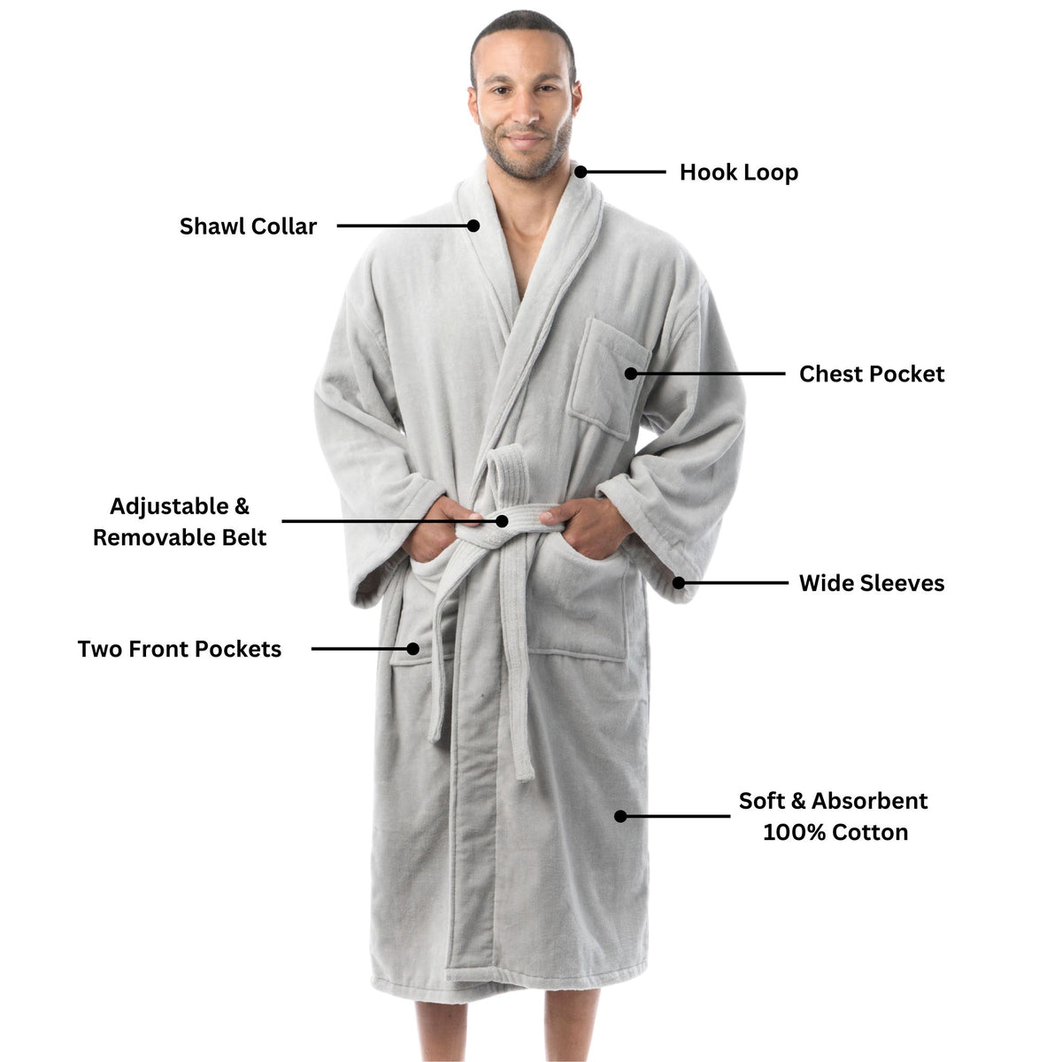 Alpine Swiss Pure Cotton Men Terry Cloth Bathrobe Super Absorbent Hotel Spa Robe – Gray