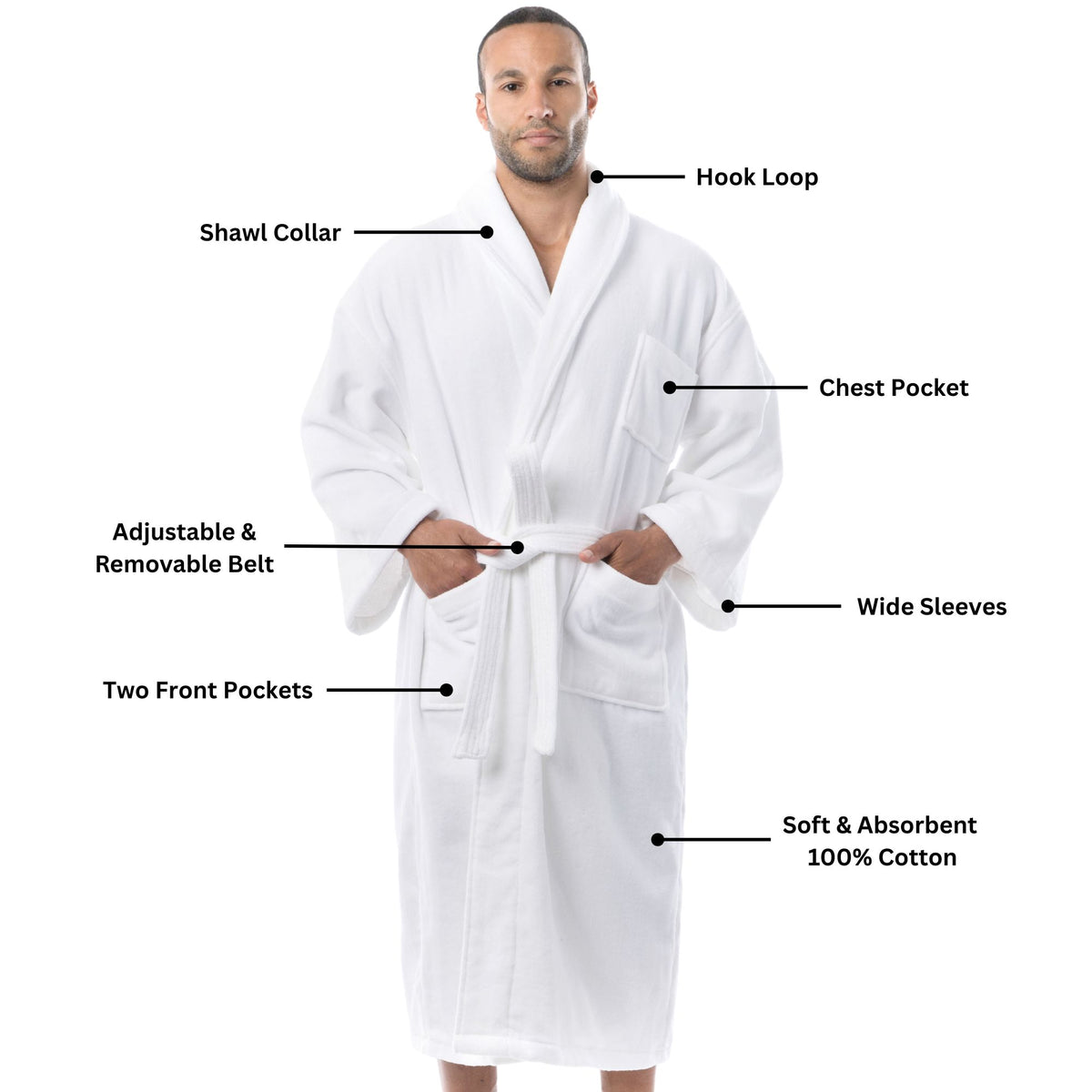 Alpine Swiss Pure Cotton Men Terry Cloth Bathrobe Super Absorbent Hotel Spa Robe – White