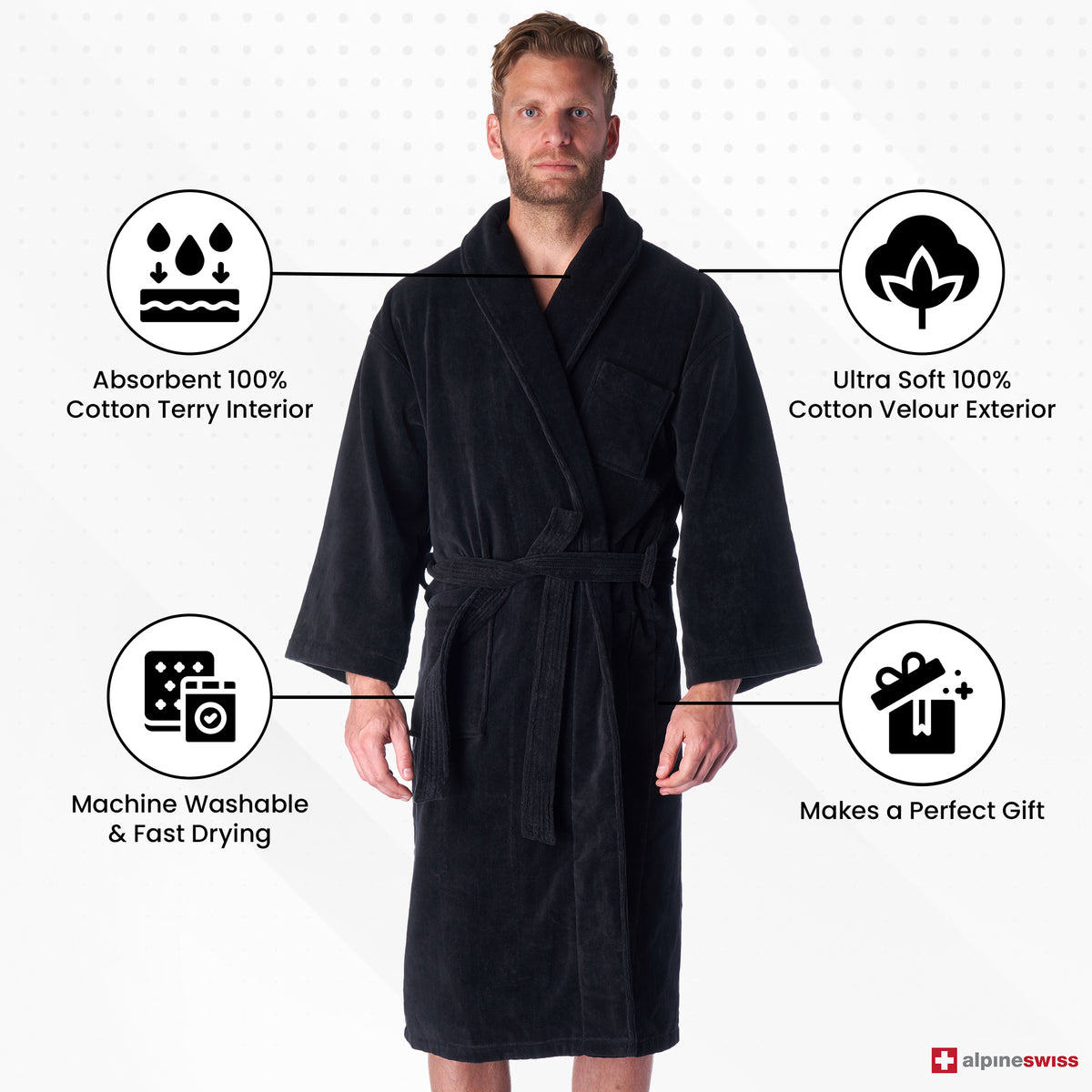 Alpine Swiss Pure Cotton Men Terry Cloth Bathrobe Super Absorbent Hotel Spa Robe – Black