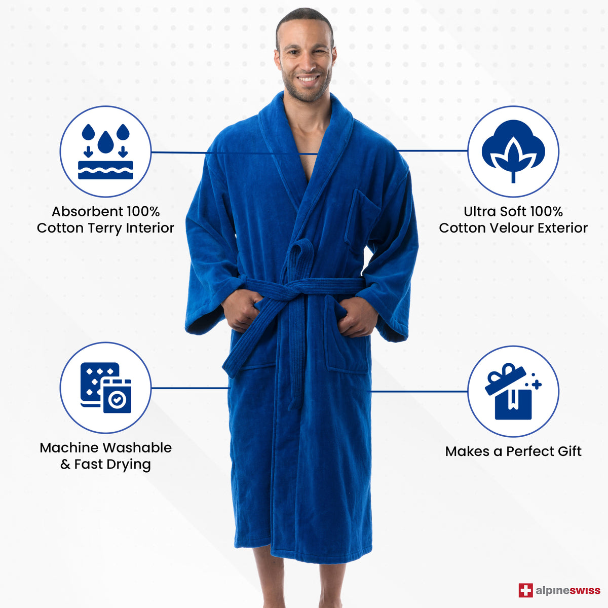 Alpine Swiss Pure Cotton Men Terry Cloth Bathrobe Super Absorbent Hotel Spa Robe – Blue