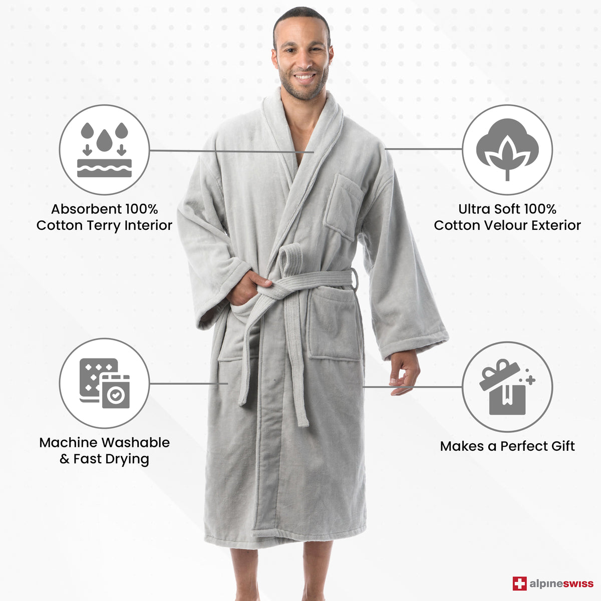 Alpine Swiss Pure Cotton Men Terry Cloth Bathrobe Super Absorbent Hotel Spa Robe – Gray