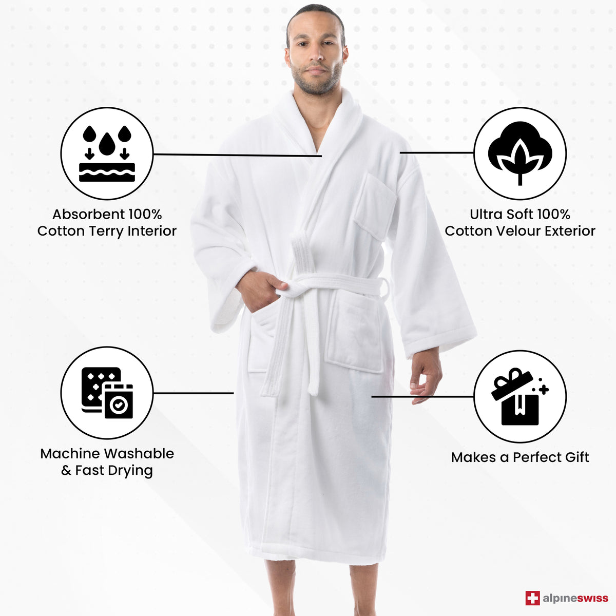 Alpine Swiss Pure Cotton Men Terry Cloth Bathrobe Super Absorbent Hotel Spa Robe – White