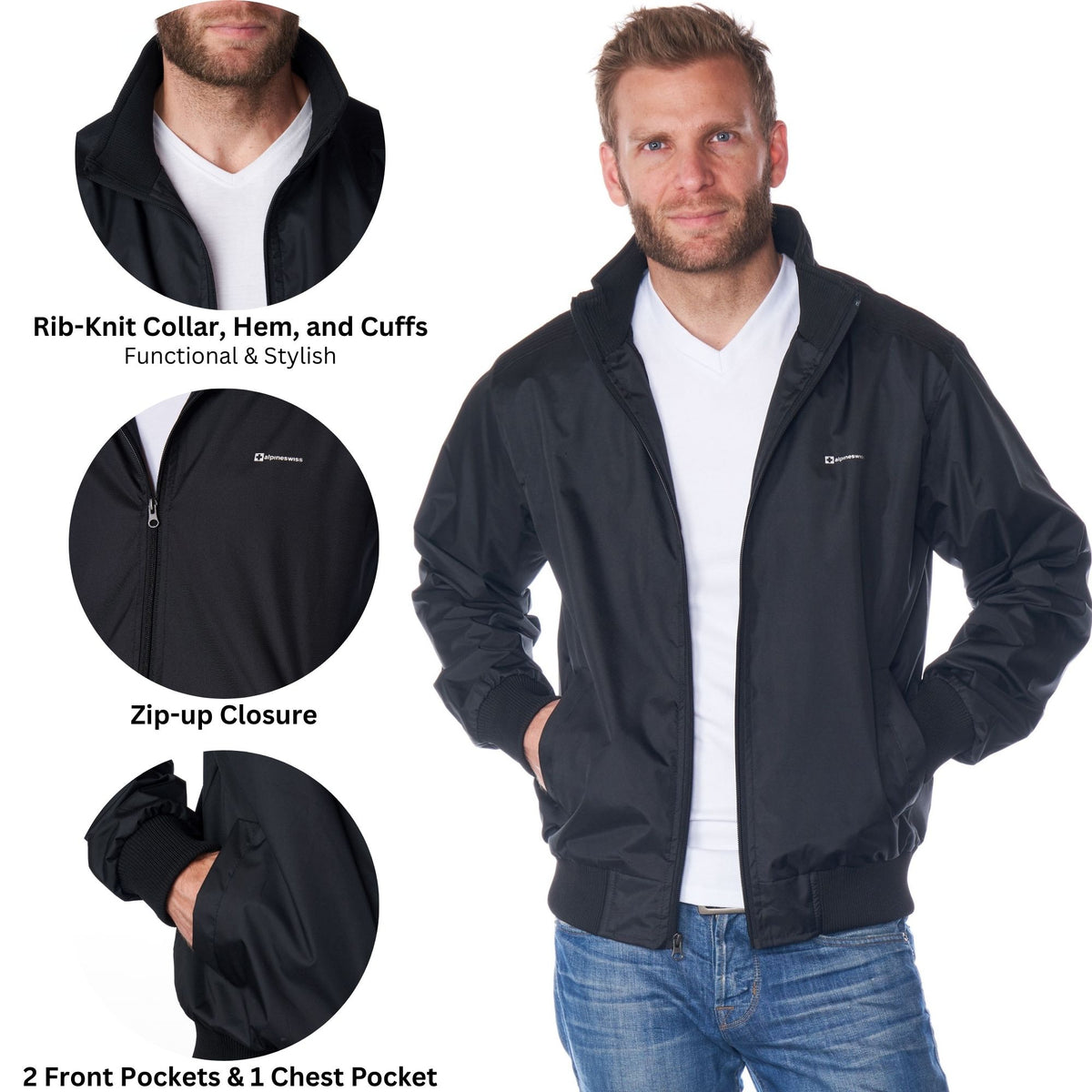 Alpine Swiss Mens Lightweight Bomber Jacket Casual Windbreaker Varsity Coat – Black