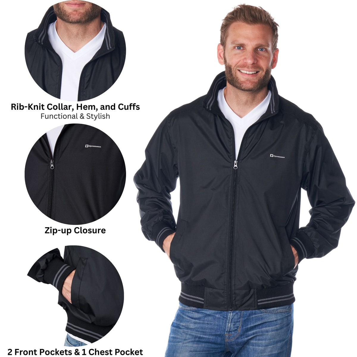 Alpine Swiss Mens Lightweight Bomber Jacket Casual Windbreaker Varsity Coat – Black Gray