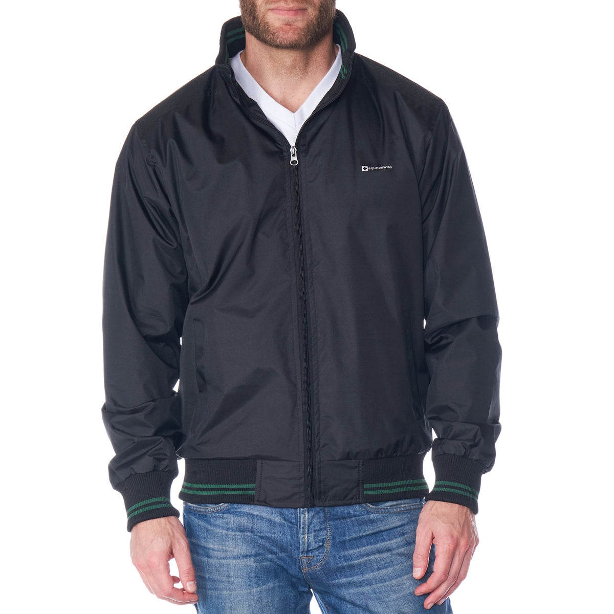 Alpine Swiss Mens Lightweight Bomber Jacket Casual Windbreaker Varsity Coat – Black Green