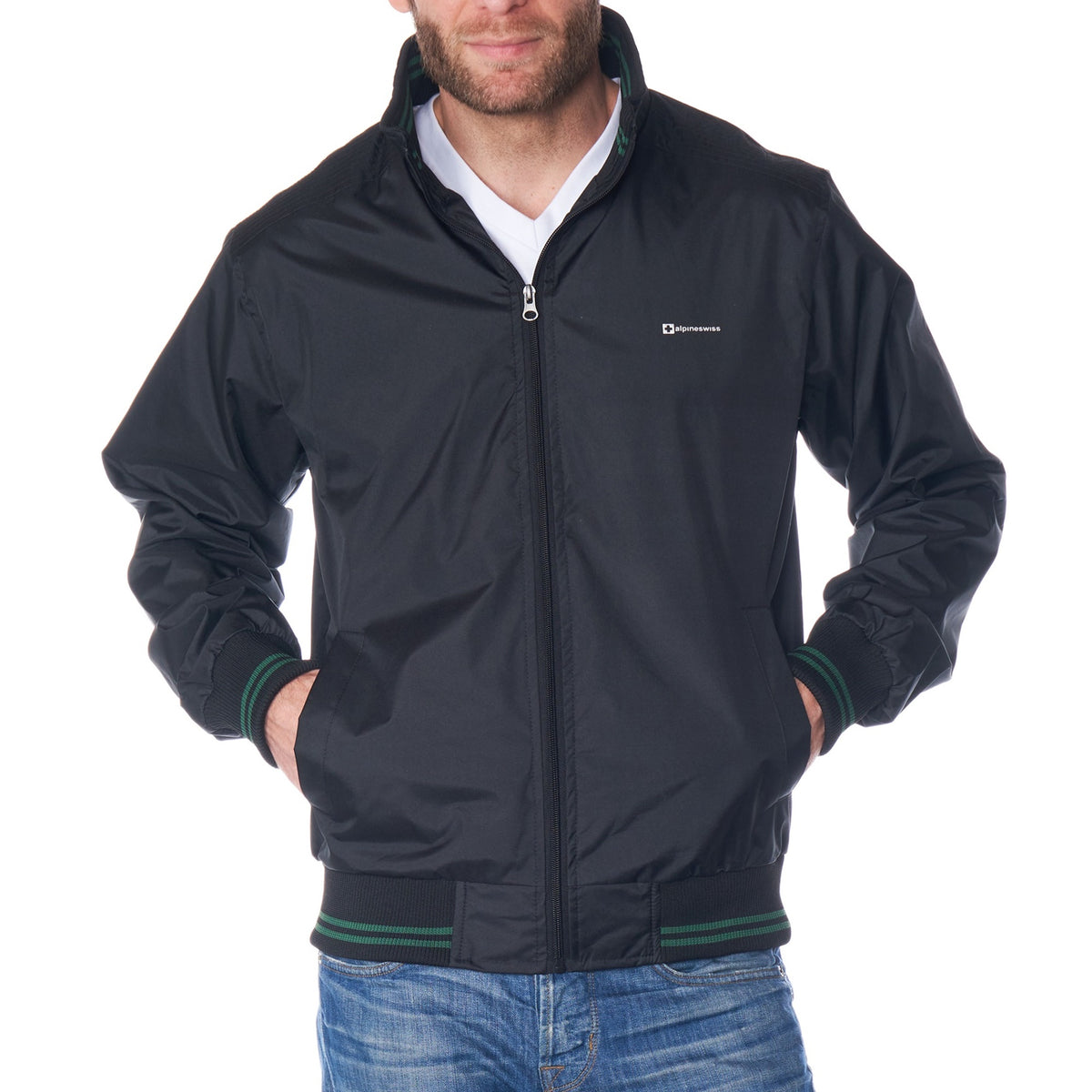 Alpine Swiss Mens Lightweight Bomber Jacket Casual Windbreaker Varsity Coat – Black Green