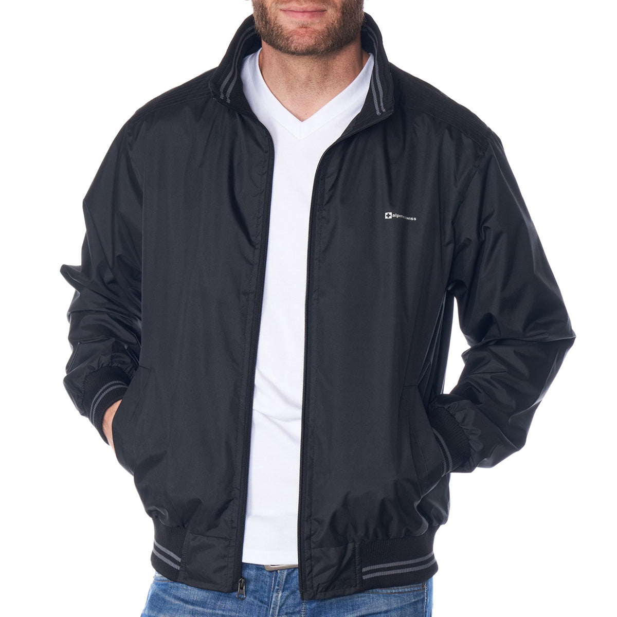 Alpine Swiss Mens Lightweight Bomber Jacket Casual Windbreaker Varsity Coat – Black Gray