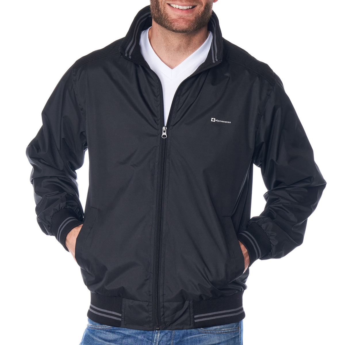 Alpine Swiss Mens Lightweight Bomber Jacket Casual Windbreaker Varsity Coat – Black Gray
