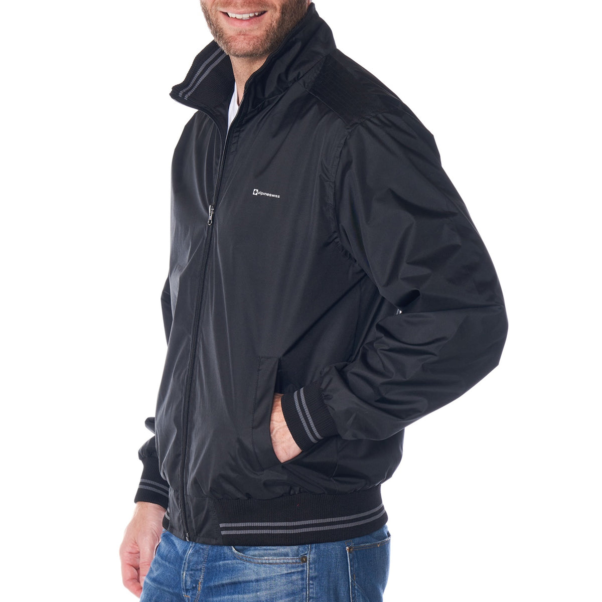 Alpine Swiss Mens Lightweight Bomber Jacket Casual Windbreaker Varsity Coat – Black Gray