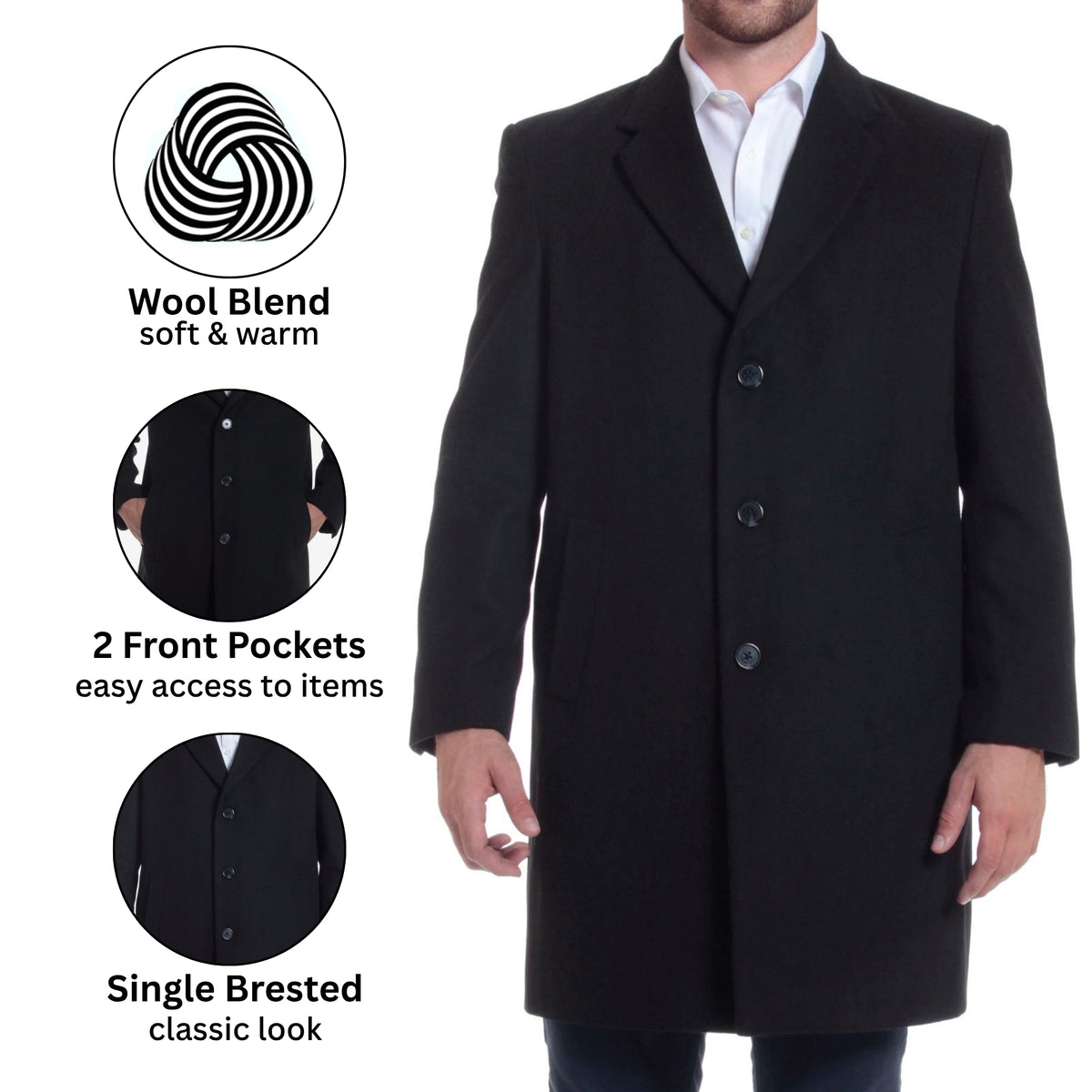 Alpine Swiss Luke Mens Wool Blend Overcoat Single Breasted Coat Tailored Topcoat – Black