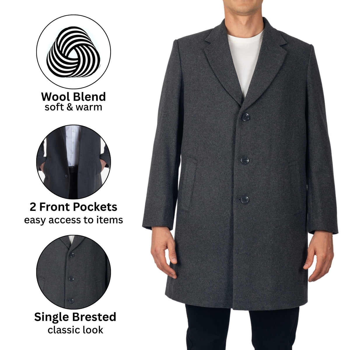 Alpine Swiss Luke Mens Wool Blend Overcoat Single Breasted Coat Tailored Topcoat – Gray