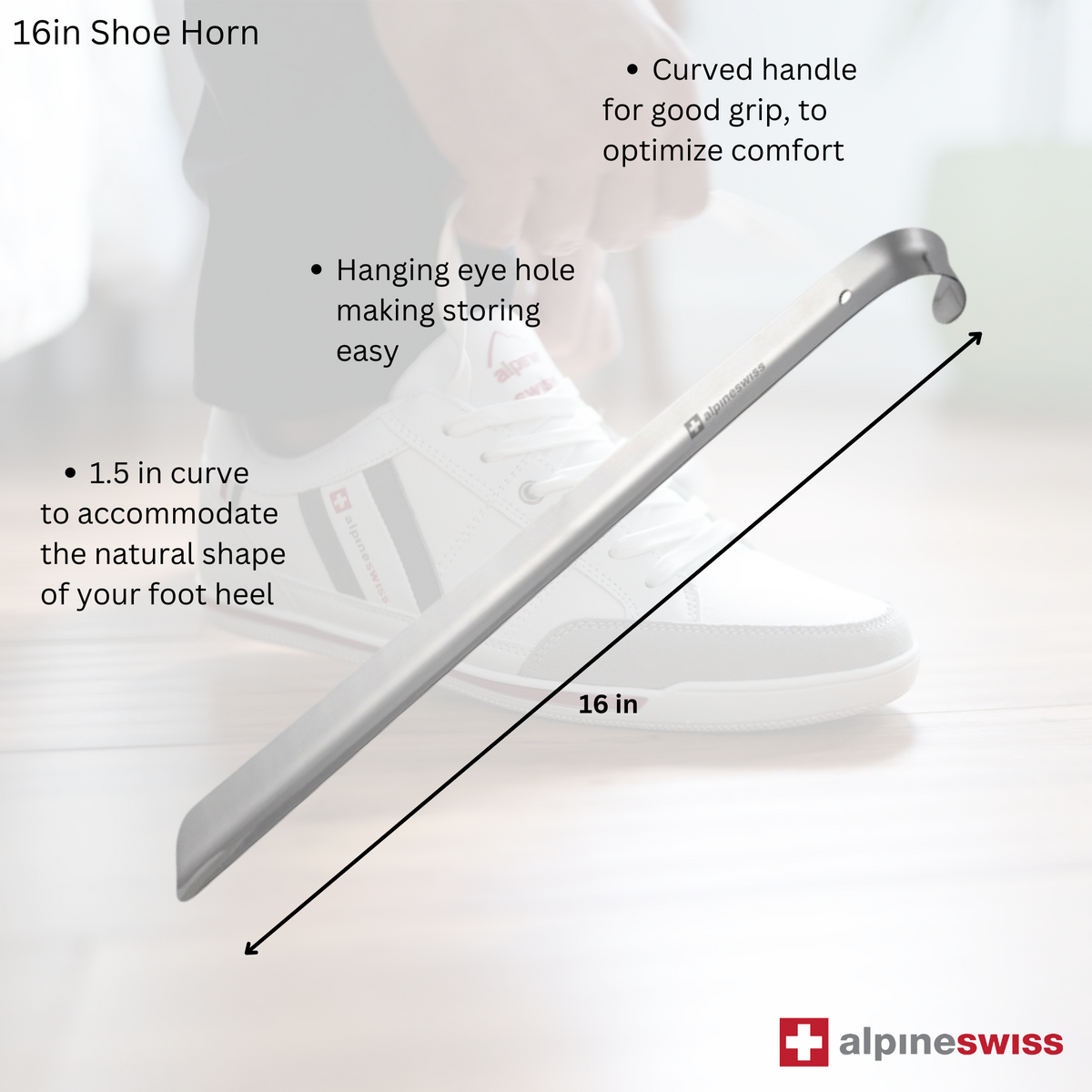 Alpine Swiss Metal Shoe Horn Long Handle 20” or 16” Shoe Helper Steel Shoehorn – Silver