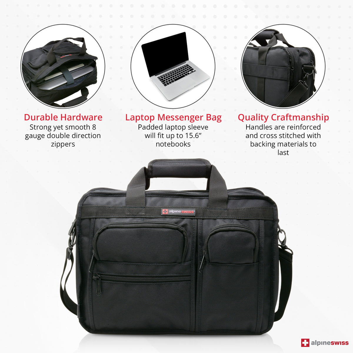 Alpine Swiss Conrad Messenger Bag 15.6 Inch Laptop Briefcase with Tablet Sleeve – Black