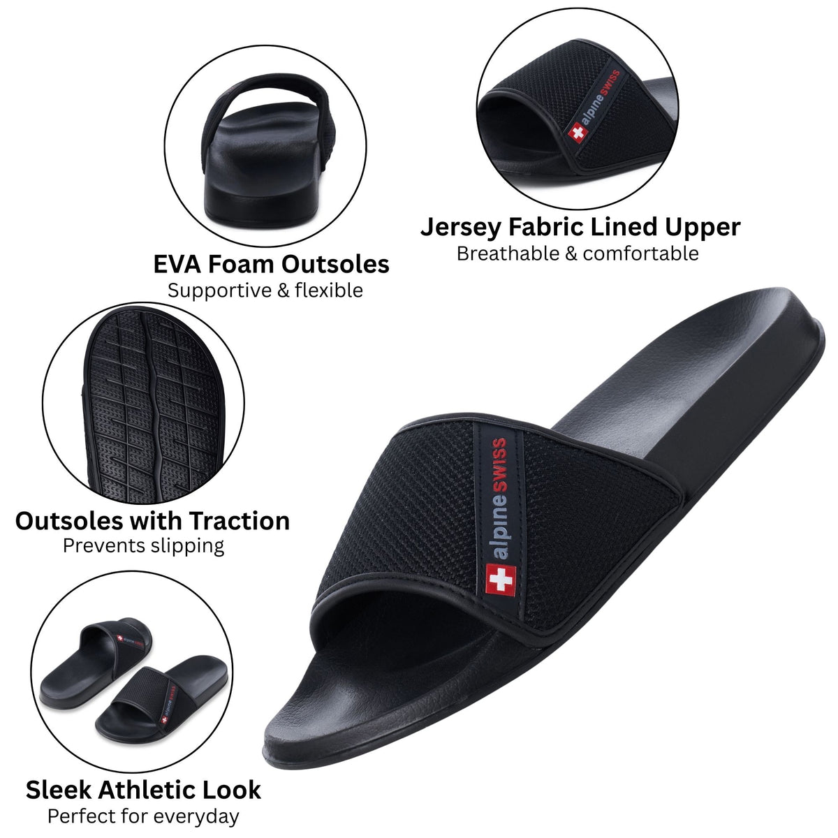 Alpine Swiss Athletic Slides For Men Flip Flop Sandals House Shoes Slippers For Men – Black