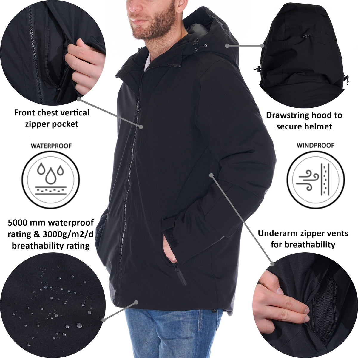 Alpine Swiss Mens Waterproof Ski Jacket Snowboarding Winter Snow Coat Raincoat – Black