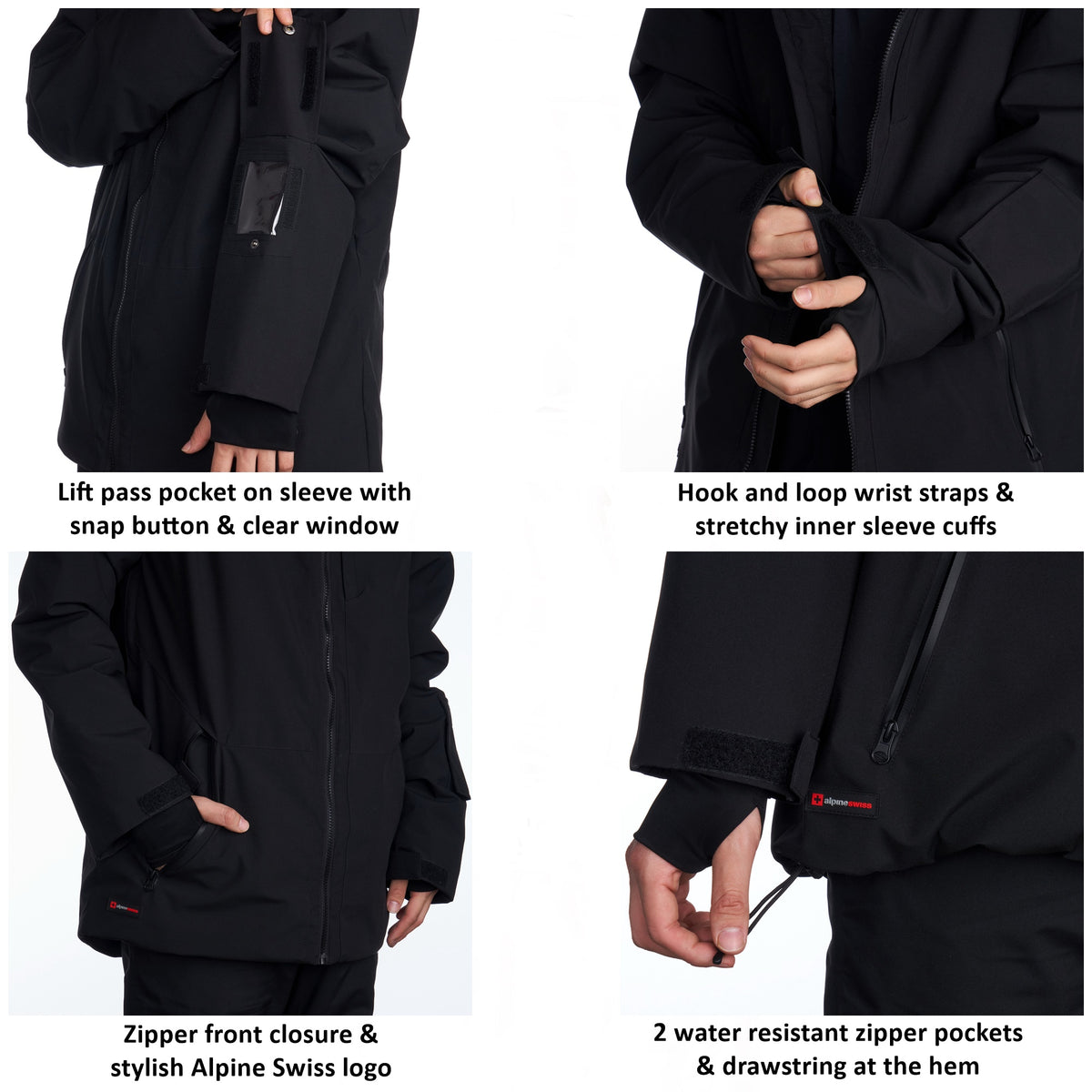 Alpine Swiss Mens Waterproof Ski Jacket Snowboarding Winter Snow Coat Raincoat – Black